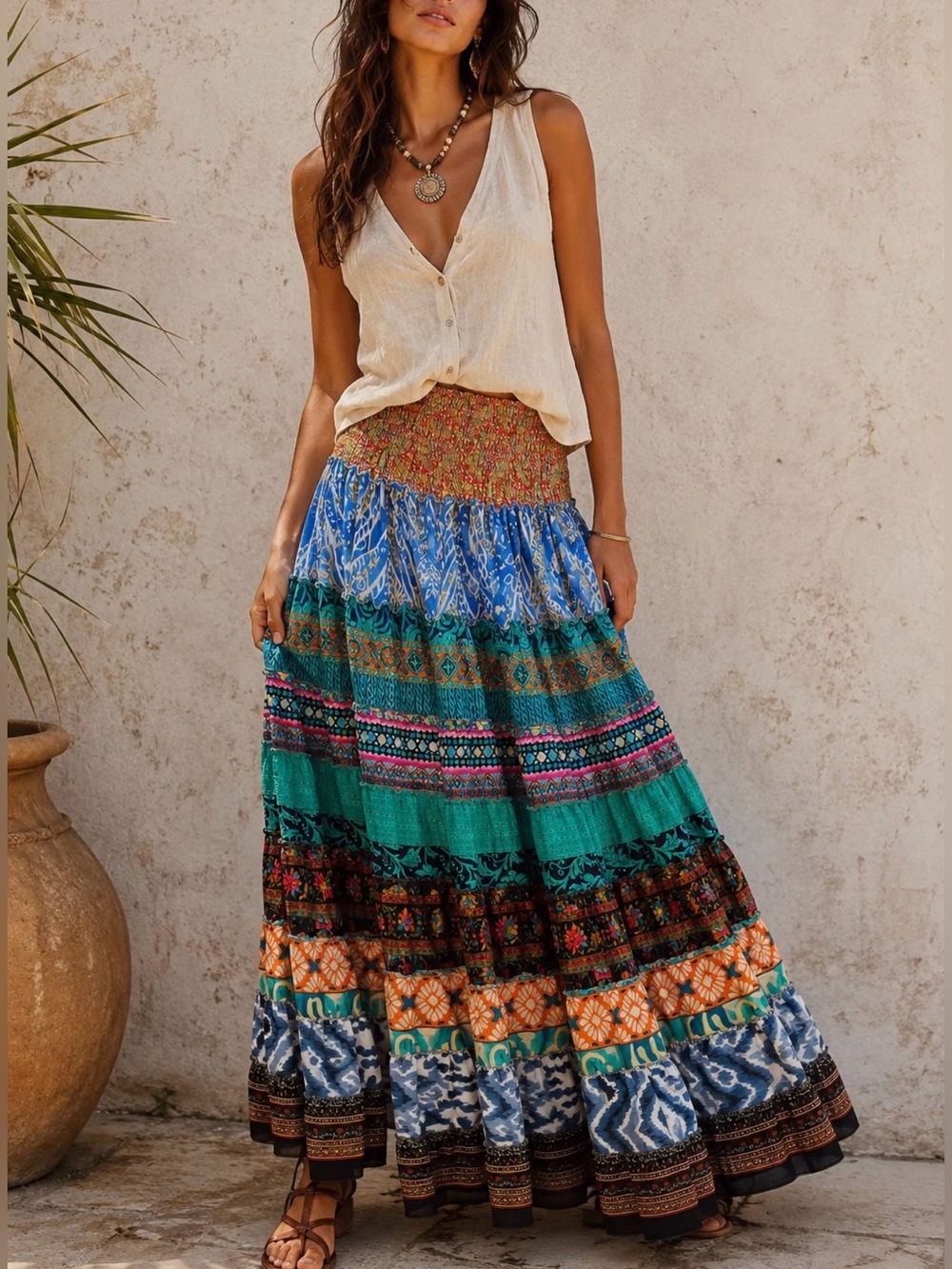Recycled Silk Blend Floral Patchwork Tiered Ruffle Skirt Free Size Gypsy Boho